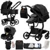 Magic ZC Pelle PU Passeggino Trio, Passeggino 3 in 1 con Doppia Modalità Push Reversibile, Trio Passeggini Neonati con Grande Navicella, Carrozzina per Neonati in Alluminio Pieghevole (L518 All Black)