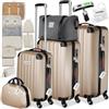 tectake® 3x Valigia, Set Valigie M, L, XL, 3 Trolley, Beauty Case, Etichette, Lucchetto TSA, Pesabagagli, Maniglia telescopica, Ruote Rimovibili, Tasca Rete, Cinghie, 3 Cubi Portaoggetti - Champagne