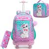 HTgroce Zaino Trolley Scuola Elementare Bambina - Set 3 in 1 con Zainetto, Borsa per la Merenda e Astuccio - Zaino con Ruote per Primaria e Viaggio