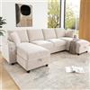 NuvlaGu Divano angolare moderno a forma di U in ciniglia con chaise longue, 4 posti, con vano portaoggetti, porta USB e tipo C, modulare, con portabicchieri e cuscini morbidi, beige