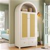 BENMWS Armadio in rattan intrecciato, stile country, bianco, 181 x 78 x 45 cm, ripiano semicircolare aperto, 2 ante con chiusura magnetica, 2 cassetti, asta appendiabiti