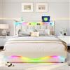 XMETPR Struttura letto bianca con ripiano sulla testiera 140x200cm, pelle | Luci a LED, struttura letto imbottita, letto contenitore, stazione di ricarica USB e Type-C, silenzioso, doghe in legno