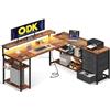 ODK Scrivania angolare reversibile con 2 prese e 2 porte di ricarica USB, L-shaped desk con LED, marrone vintage, 155 x 110 cm