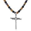 GAVU Collana Croce da Uomo, Collana Tripla Protezione da Uomo di Perline di Occhio di Tigre Ossidiana ed Ematite con Ciondolo Croce di Acciaio Inox