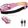 Lobamop Lampada frontale magnetica impermeabile ricaricabile con torcia staccabile sensore di movimento per escursionismo, corsa, rosa