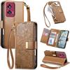 Jiajihua Cover Compatibile con Motorola Moto G34 5G / G45 5G 【Portafoglio con cerniera】【Portacarte doppio】【Flip Stand】【Fibbia magnetica】 Custodia per telefono Lanyard Brown