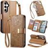 Jiajihua Cover Compatibile con Samsung Galaxy A14 4G / 5G 【Portafoglio con cerniera】【Portacarte doppio】【Flip Stand】【Fibbia magnetica】 Custodia per telefono Lanyard Brown