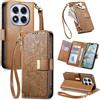 Jiajihua Cover Compatibile con Honor Magic7 Pro 【Portafoglio con cerniera】【Portacarte doppio】【Flip Stand】【Fibbia magnetica】 Custodia per telefono Lanyard Brown