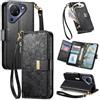 Jiajihua Cover Compatibile con Fairphone 5 【Portafoglio con cerniera】【Portacarte doppio】【Flip Stand】【Fibbia magnetica】 Custodia per telefono Lanyard Black