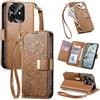 Jiajihua Cover Compatibile con Honor X5C (Plus) / X5D (Plus) 【Portafoglio con cerniera】【Portacarte doppio】【Flip Stand】【Fibbia magnetica】 Custodia per telefono Lanyard Brown