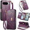 Jiajihua Cover Compatibile con Google Pixel 7A 【Portafoglio con cerniera】【Portacarte doppio】【Flip Stand】【Fibbia magnetica】 Custodia per telefono Lanyard Purple