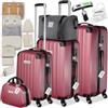 tectake® 3x Valigia, Set Valigie M, L, XL, 3 Trolley con Beauty Case, Etichette, Lucchetto TSA, Pesabagagli, Maniglia telescopica, Ruote Rimovibili, Tasca in Rete, Cinghie, 3 Cubi Portaoggetti - Rosso