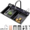 OMGMTSTORE Lavello da cucina a cascata 85 x 50 cm, 1 vasca in acciaio inox nero antracite, lavello da cucina con rubinetto integrato, schermo digitale, cestello di scarico, lavello interno di ricambio, sifone