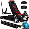 MASKO® Martinetto idraulico per auto Altezza di sollevamento piatta + 2x tampone in gomma + guanti Martinetto idraulico per auto a rullo a 360° Cavalletto per cric