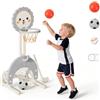 hoopyosms Canestro Basket 4-in-1 per Bambini, Altezza Regolabile con Porta Calcio e Lancio Anelli, Mini Canestro Interno ed Esterno, Gioco Sportivo Multifunzione per Bambini(Grigio)