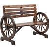 Panchina Da Giardino 2 Posti A Doghe Con Braccioli A Ruota Di Carro, In Legno, 105.5x56x79 Cm, Marrone Bruciato