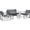 Set Da Giardino 4 Pezzi Con Divanetto, 2 Poltrone E Tavolino, In Acciaio, Poliestere E Cotone Pp, Nero E Grigio