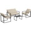 Set Da Giardino 4 Pezzi Con Divanetto, 2 Poltrone E Tavolino, In Acciaio, Poliestere E Cotone Pp, Beige E Grigio