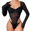 Generic Body da Donna, Body a Taglio Alto in Rete a Righe Zebrate, Manica Lunga, Scollo a V Quadrato Sottile per Tutti i Giorni (BLACK)