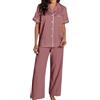 Generisch Set pigiama da donna a maniche corte con colletto a revers, camicia da notte con abbottonatura e pantaloni del pigiama lunghi a gamba dritta, due pezzi, casual, tuta da casa per esterni, loungewear da