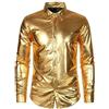Duohropke Camicia da uomo lucida, slim fit, in raso, a maniche lunghe, per feste, discoteca, da discoteca, anni '70, 80, costume a tema hippie e Capodanno, 02 oro., L