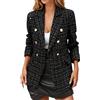 Cexiakong Blazer da donna a doppio petto casual, giacca da lavoro con tasche, a quadri, colletto rovesciato, giacca per il tempo libero, giacca formale, a maniche lunghe, outwear versatile, O nero., M