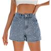 Generisch Jeans corti da donna a vita alta, jeans estivi, in denim, pantaloni corti con strass, pantaloni corti estivi Destroyed strappati, pantaloncini estivi con tasche, O blu., XL