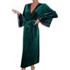 KBOPLEMQ Vestaglia da donna in velluto lungo spa Robe Winter Sauna Cappotto da sauna con rifiniture in pizzo lungo, tinta unita, maniche in seta, raso, kimono con scollo a V, colore puro, O verde, S