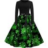 Foweknow St Patrick's Day - Abito da donna a maniche lunghe, rockabilly, con stampa a quadrifoglio, per cocktail, feste, balli di fine anno, patchwork, abito da sera retrò, mini gonna per carnevale