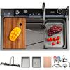 OMGMTSTORE 80x50 cm Lavello Cucina 1 Vasca,Lavello Da Cucina A Cascata In Acciaio Inox,Lavandino Cucina Nero Antracite,Lavelli da Cucina Con Rubinetto Estraibile,Sifone,Dispenser Sapone,Lavello Mobile E Tagliere