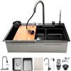 KOOGIMDDR 85 x 45 cm Lavello in Acciaio Inox, Lavello da Cucina Nero-Grigio, Lavello a Cascata Rettangolare, 1 Bacino, Installazione del Lavello dall'Alto con Set di Rubinetto, Set Completo di Lavello