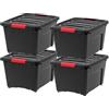 IRIS USA - Contenitore portaoggetti in plastica con coperchio resistente e fibbie a scatto sicure, impilabile e impilabile, 32 litri, nero/rosso, 4 pezzi