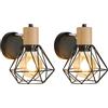 Toolight 2 Pezzi Lampada da Parete Industriale Vintage, Applique da Parete in Legno e Metallo 360° Girevole, Lampada a Muro E27 con Gabbia in Ferro per Camera da Letto Corridoio Soggiorno, Max 60W