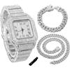 genkigold Orologio con Diamanti per Ragazzi - Quadrante Quadrato 40mm con Numeri Romani - Placcato in Platino Cinturino 18,5cm - Include Strumento di Regolazione, Abbinato a Catene Cubane 18cm+40cm
