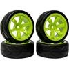 KINGCOO RC Set di pneumatici e ruote per auto, 4 pneumatici in gomma da 64 mm e 6 raggi, cerchioni in plastica, 12 mm, esagonali per 1/10 RC On-Road Run-Flating Touring Racing Auto (verde)