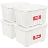 Cetomo 35L*4 Scatole di Stoccaggio con Coperchi, Contenitori in Plastica con Ruote, Clip On, Impilabili, Incastonabili, Organizzatore a Righe per Casa Ufficio, Bianco, 35L-4 Pezzi