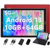 GOODTEL Nuovo Tablet 10.1 Pollici Android con 10GB RAM+64GB ROM (TF 1TB), Octa-Core, WiFi 5G, Bluetooth 5.0, GMS, GPS, Widgets, Tipo-C, OTG, 6000 mAh, 8MP+5MP, con Custodia, Tastiera, Mouse, Rosso
