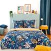 CÔTE DECO Parure da letto per 2 persone con copripiumino 260 x 240 cm + 2 federe da 63 x 63 cm, motivo foglie tropicali, 100% cotone ammorbidito blu (260 x 240 cm)