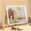 Ratsamee Specchio Trucco con Luci, 54X42cm Specchio da Tavolo LED, Specchio Ingranditore 10X Staccabile, 3 Temperature di Colore, Rotazione 360°, Controllo Tattile, Telaio in Metallo, Oro