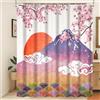 Xiaoterna Tradizionale pittura giapponese Tenda da doccia Tenda da bagno giapponese con fiori di ciliegio Acquerello Fuji Mountain ciliegio in fiore borgogna sole Tenda da doccia 180x200cm