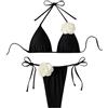 OBASDFD Costume da Bagno Donna A 2 Pezzi con Applicazioni Floreali Stringhe E Bikini A Triangolo, Spiaggia Nero Bianco Piccolo(Black White,Medium)
