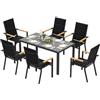 Devoko Set di Arredo da Giardino 6 Persone, Set di Tavolo 150 cm Design a Vena di Legno e 6 Sedie Impilabili da Esterno in Alluminio, Ideale per Cortile, Terrazza o Ai Margini della Piscina, Grigio