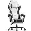 HLFURNIEU Sedia Gaming Massaggiante, Sedia Gamer con Poggiapiedi e Cuscino Lombare Massaggiante, Poltrona Gaming Regolabile in altezza, Schienale Regolabile 90°-135°, Portata 150kg (Nero e Bianco)