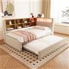 Moimhear Divano letto 90 x 200, letto estraibile 90 x 190 cm, con presa USB e molti scomparti, letto imbottito, divano letto multiuso, letto singolo (beige)