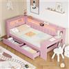 Trdlpyn Divano Letto Imbottito 90x200CM con Scrivania e 2 Cassetti, Testiera con porte USB e cintura LED, Letto Singolo con Rete a Doghe, Rosa(Sans Materasso)