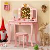 GYMAX Set Vanity Toeletta per Bambini, Tavolo da Trucco da Principessa con Specchio Triplo, Luci Dimmerabili a 3 Colori, Cassetto e Sgabello per Cameretta Bambina, 80 x 40 x 106 cm (Rosa)