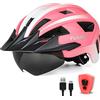FUNWICT Casco Bici per Uomo Donna Adulto, Leggero Casco MTB con Visiera Rimovibili Occhiali Magnetici Staccabili e LED Luce Ricaricabile, Casco Ciclismo da Corsa Caschetto Bici (M: 54-58 cm, Rosa)