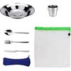 EMAGEREN Set Posate da Campeggio 7 in 1 Posate da Viaggio Posate in Acciaio con 1 Piatti da Campeggio 1 Tazza Cucchiaio 1Borsa in Rete per Viaggio e Campeggio