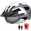 FUNWICT Casco da bici per adulti con visiera e occhiali per uomo e donna, casco da bici da strada e mountain bike, ricaricabile, con luce posteriore (M: 54-58 cm, bianco grigio)