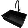 PRIMAGRAN Lavandino sottotop Tutto Nero 66x47cm, Lavello in Granito a 1 vasca + Rubinetto 40x20cm + Set di accessori, Lavabo da Cucina al Mobile 70cm - London S406